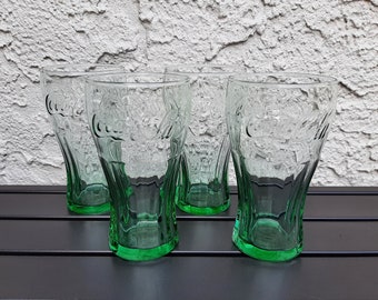 Set of 4 Coca-Cola Drinking Glasses. Vintage Libbey Coke Green Glass Tumblers. Unused, Like New.