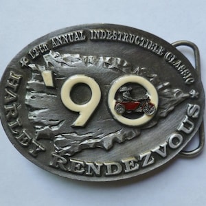 Vintage 1990 Harley Davidson Belt Buckle. Motorcycle Bike. Silver Metal Enamel. Harley Rendezvous. 12th Annual Indestructible Classic.