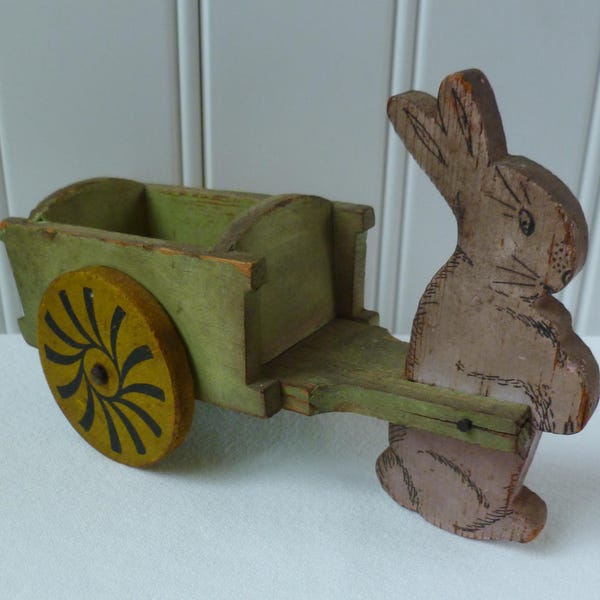 Bunny Rabbit Pulling Cart. Wooden Toy. Painted Wood. Folk Art. Vintage 1930s 1940s. Cottage, Farmhouse, Easter Decor. Child Baby Bedroom.