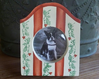 Vintage Picture Frame. Wood, Hand Painted Leaves Berries Stripes. Small Standing Tabletop Photo Frame.