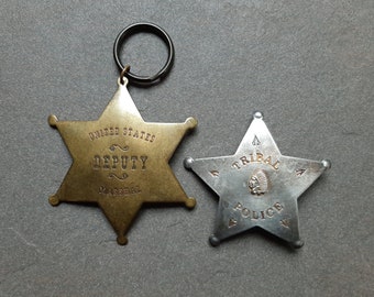 2 Vintage Badges. Indian Tribal Police, Silver Metal. US Deputy Marshal Key Chain, Brass. 5 & 6 Point Star Replica Badges, Ball Tipped.