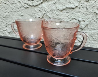 Pink Depression Glass Sugar & Creamer Set. Vintage 1930s. Macbeth Evans Dogwood or Apple Blossom Flowers. Footed. Spring Easter Decor.