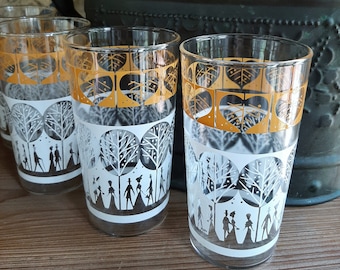 4 Vintage Tumblers. White, Golden Yellow. Hearts, Trees, Women, Men Silhouettes. 1950s 1960s Drinking Glasses.