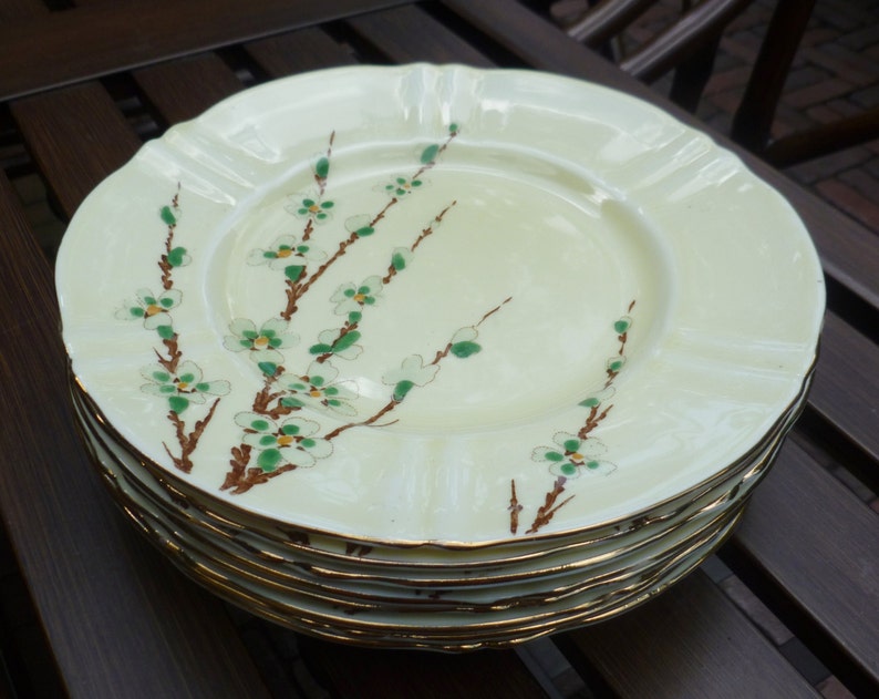 Crown Staffordshire Bone China Set. Cherry Blossoms Branches. Plates Cups Saucers Sugar Bowl Creamer Pitcher. Vintage 1930s. Cottage, Asian. image 2