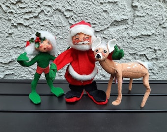 3 Vintage Annalee Christmas Dolls. Santa Claus, Elf, Reindeer. Christmas Ornaments Decor. Felt Figurines.