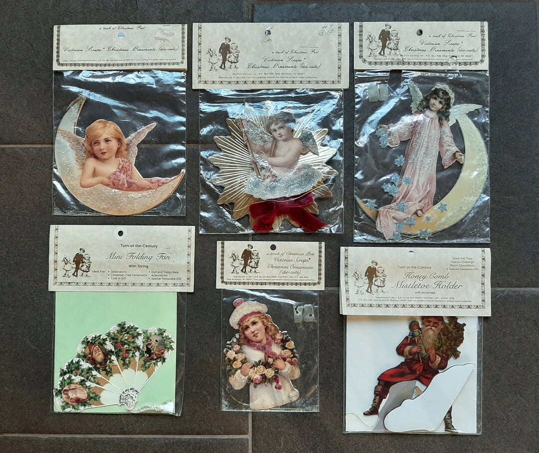 6 Vintage Die Cut Christmas Ornaments & 2 Standing Santas. Old Print