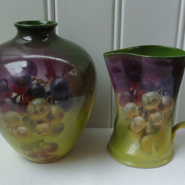Grapes Vase & Pitcher. Royal Bayreuth. Vintage Antique 1900s. Made in Bavaria Germany. Small Vase, Mini Pitcher. Green, Purple. Blue Mark.