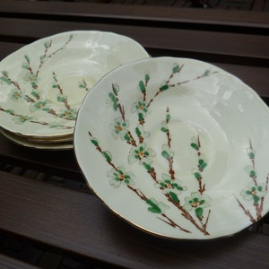 Crown Staffordshire Bone China Set. Cherry Blossoms Branches. Plates Cups Saucers Sugar Bowl Creamer Pitcher. Vintage 1930s. Cottage, Asian. image 4