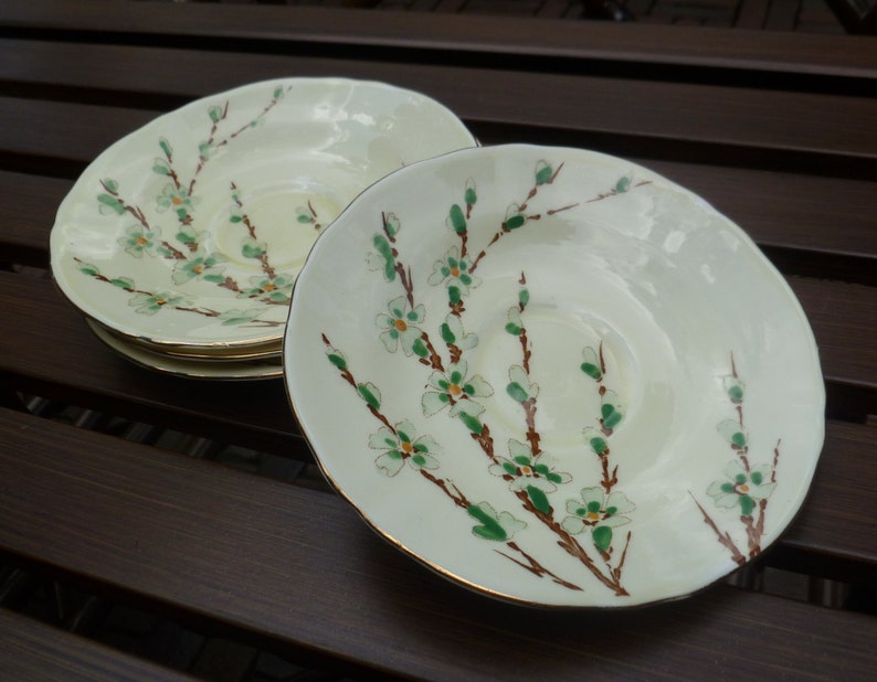 Crown Staffordshire Bone China Set. Cherry Blossoms Branches. Plates Cups Saucers Sugar Bowl Creamer Pitcher. Vintage 1930s. Cottage, Asian. image 4