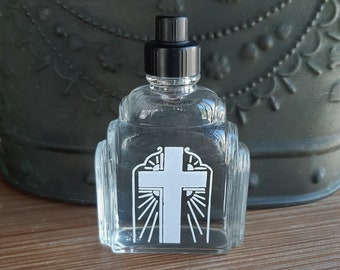 Vintage Glass Holy Water Bottle with White Cross and Sprinkler Cap. Art Deco. Religious Catholic Christian Decor.