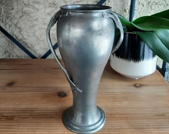 Antique Pewter Vase. Art Nouveau. Rice, Bernard Rice & Son. Tall Vintage Silver Metal Vase with Handles.