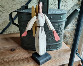 Vintage Folk Art Angel Figurine. Painted Wood. Handmade Carved Whirligig Sculpture.