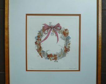 Marlin's Wreath by Jody Mehaffie. Framed Etching Print, Hand Colored. Vintage 1990s. Flowers Berries Bow. Wood Picture Frame. Cottage Decor.