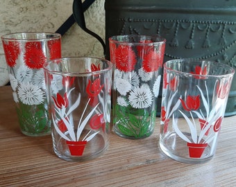 4 Vintage Tumblers. Red White Tulips & Flowers. Green Leaves. Clear Glass. Small Drinking Juice Glasses.