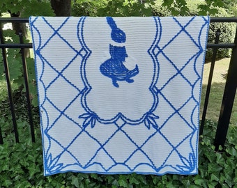 Vintage Chenille Baby Crib Blanket. Blue & White. Bunny Rabbit. Nursery Decor.