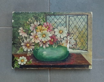 Vintage Oil Painting. Vase of Daisy Flowers & Windows. Antique Original Still Life Painting on Canvas. HAS DAMAGE.