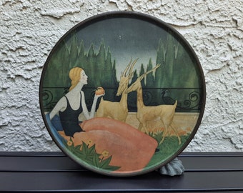 Vintage Art Deco Cookie Tin. Woman Lady and Gazelles. Antique Large Round Loose-Wiles Biscuit Company Tin with Handle.