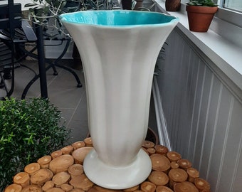 Vintage Catalina Pottery Vase. White & Turquoise Blue. Tall Large Fluted Scalloped Vase. California Pottery. Gladding McBean.