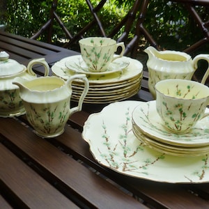 Crown Staffordshire Bone China Set. Cherry Blossoms Branches. Plates Cups Saucers Sugar Bowl Creamer Pitcher. Vintage 1930s. Cottage, Asian.