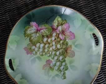 Grapes Plate, Large. Nuremberg, Bavaria, Jon Roth. Vintage Antique 1910. Green Pink Gold. Cabinet Plate, Serving Platter, Wall Decor.