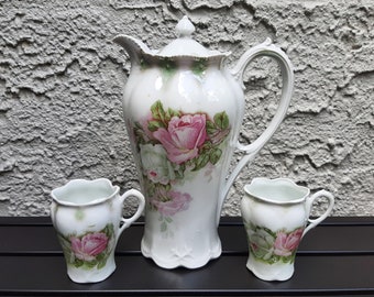 Antique Chocolate Pot & 2 Cups. Pink White Roses. Vintage Chocolate Set. Made in Germany German.