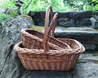 2 Vintage Wicker Baskets with Handles. Gathering Basket. Nesting Baskets. Fruit Vegetable Bread Flower Baskets.