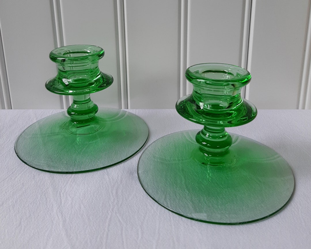 Pair Green Depression Glass Candle Holders. Uranium Glass. 2 Etsy
