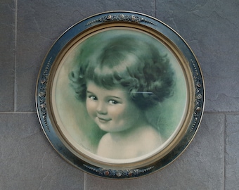 Mischief by Bessie Pease Gutmann. Original 1920s Antique Print in Original Round Picture Frame. Little Girl Portrait. Vintage Wall Art.