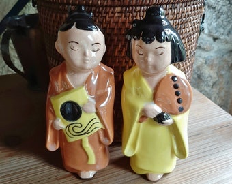 Pair Vintage Asian Figurines. Boy & Girl. Mid Century.