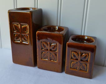 Set 3 Square Candle Holders. Vintage Brown Ceramic Pottery. Leaves Design. Graduated Sizes. Modern Rustic Decor.