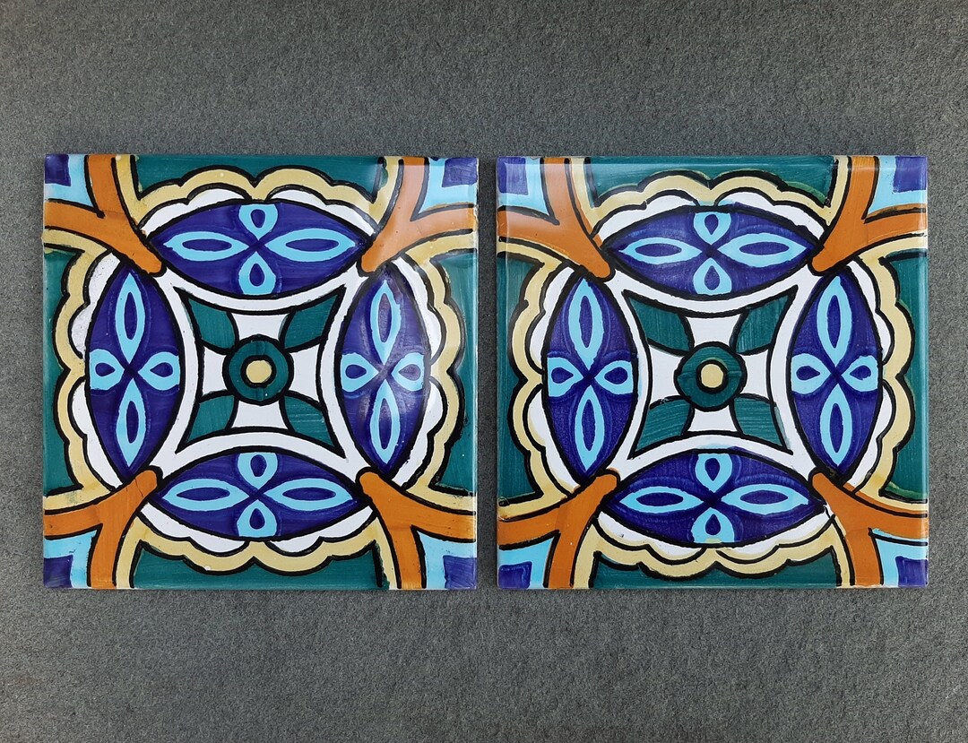 2 Spanish Ceramic Tile Trivets. Vintage Cedolesa Handpainted Mandala