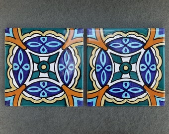 2 Spanish Ceramic Tile Trivets. Vintage Cedolesa Hand-Painted Mandala Tile. 6 Inch Square. Made in Spain.