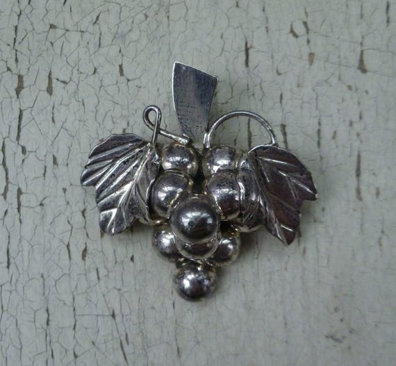 Grapes & Leaves Sterling Silver Brooch Pendant Pi… - image 1