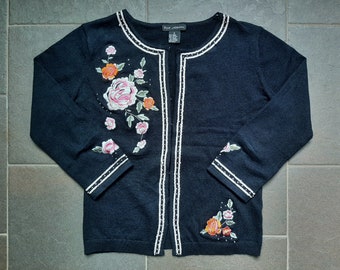 Vintage Black Cardigan Sweater. Embroidered Pink Flowers & Beaded. Ribbon Trim. Size Small. 3/4 Sleeves. For Joseph.