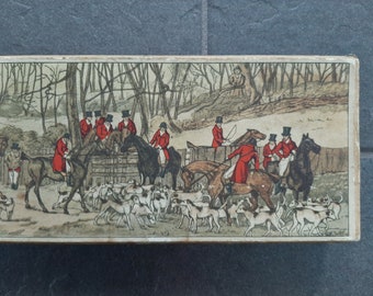 Vintage Match Box with Fox Hunt Scene Print. Long Large Box for Fireplace Matchsticks. Equestrian Horses Riders Dogs. Made Sweden Swedish.