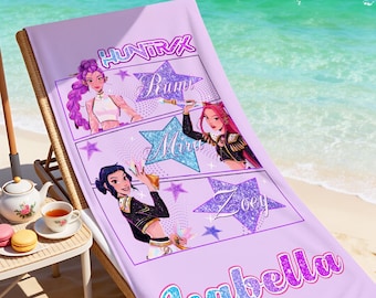 Kpop Demon Hunters Beach Towel,Personalized Anime Girls Design with Custom Name,Unique Summer Gift for Love Kpop Demon Hunters Fans