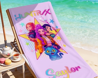 Personalized Kpop Demon Hunters Anime Girl Beach Towel,Custom Huntrix Youth Pool Towel,Rumi Mira Zoey Towel Gifts For Kids,Beach Essentials