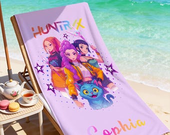Personalized Custom Name Kpop Beach Towel,Cool Girl Fandom Design,Anime Towel for Poolside Relaxation,Trendy Summer Gift for Kpop Fans