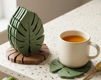 3D Printed Monstera Leaf Coaster Set with Decorative Holder | Modern Tropical Home Decor | Nature-Inspired Drink Coasters | Plant Lover Gift