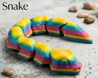 Articulated Rainbow Flexi Snake Fidget Toy | 3D Printed Sensory Toy for Stress Relief and ADHD | Colorful Jointed Desk Pet