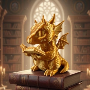 Golden Book Reading Dragon Figurine - Cute Desk Companion for Readers - Fantasy Library Decor - Small Dragon Reading a Book - Bookworm Gift