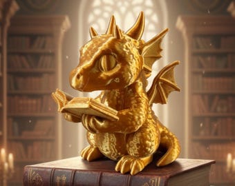 Golden Book Reading Dragon Figurine - Cute Desk Companion for Readers - Fantasy Library Decor - Small Dragon Reading a Book - Bookworm Gift