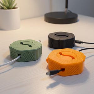 May include: Three cable organizers in green, black, and orange, each with a distinctive 'S' shaped slot. The organizers are hexagonal and sit on a white surface. A white cable extends from the green organizer, and a black cable from the black organizer.