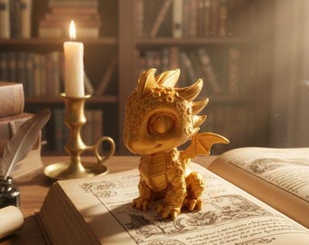 Golden Baby Dragon Figurine – Gold Fantasy Desk Companion – Gift for Book Lovers - Fourth Wing Inspired