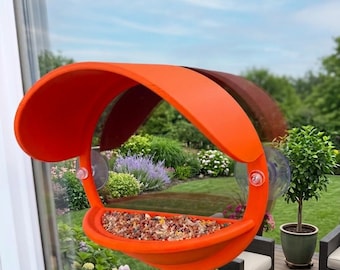 Window Bird Feeder - 3D Printed Clear View Bird House - Modern Orange Suction Cup Feeder for Window - Nature Gift for Garden Lovers