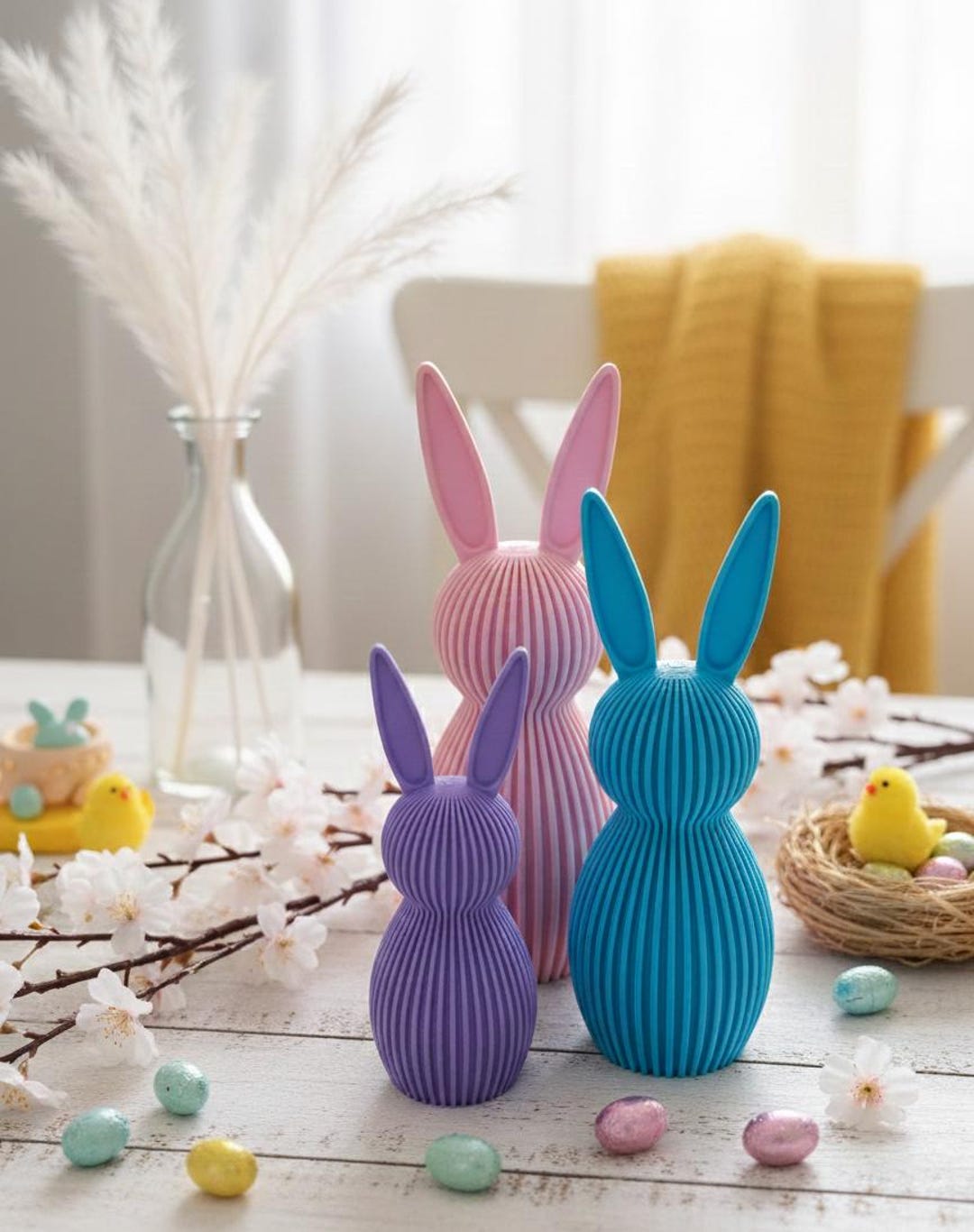 Geometric Easter Rabbit Modern Geometric Easter Bunny Trio - 3D Printed Ribbed Rabbit Figurines ...