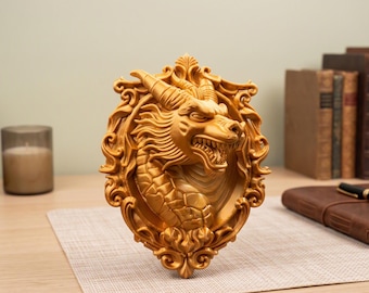 3D Printed Gold Dragon Plaque - Fantasy Wall Art & Desk Decor - Mythical Dragon Sculpture, DND Gift, Gothic Home Decor,