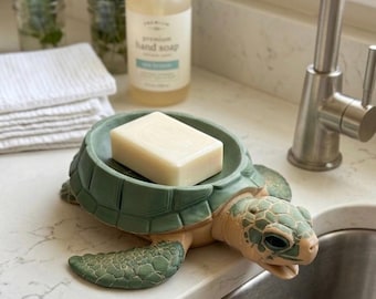 3D Printed Sea Turtle Soap Dish – Self-Draining Decorative Bathroom & Kitchen Decor – Nautical Turtle Gift for Ocean Lovers