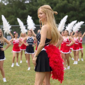 May include: A cheerleader in a black and white polka dot leotard and black pleated skirt, with a red feather boa. Other cheerleaders in red and black uniforms are in the background, holding white feather fans.