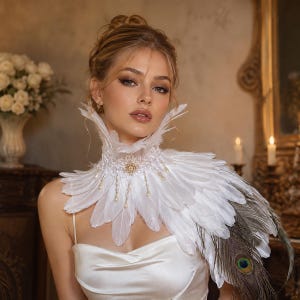 Puede incluir: Un cuello de plumas blancas con un diseño de encaje de cuello alto y un adorno floral central en tono dorado. La pieza está decorada con cuentas colgantes tipo perla e incorpora largas plumas de pavo real con puntas oscuras en un lado.